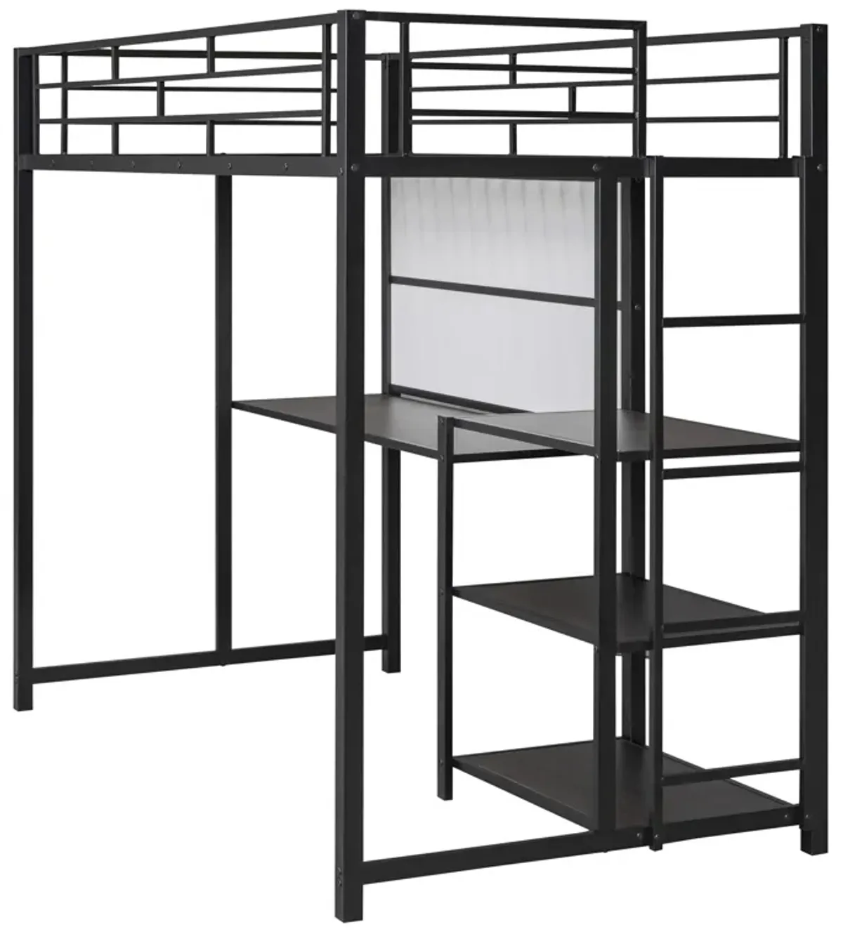 Loft Bed With Desk And Whiteboard, Metal Loft Bed With 3 Shelves And Ladder