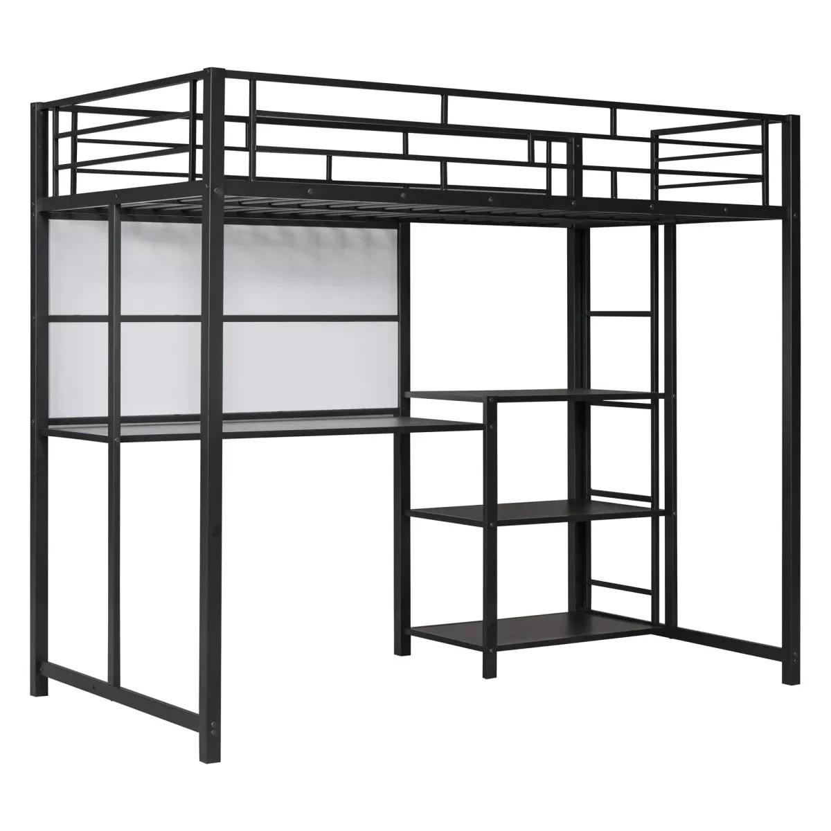 Loft Bed With Desk And Whiteboard, Metal Loft Bed With 3 Shelves And Ladder