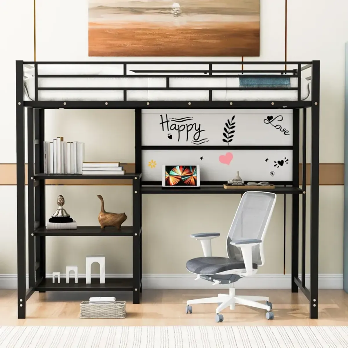 Loft Bed With Desk And Whiteboard, Metal Loft Bed With 3 Shelves And Ladder