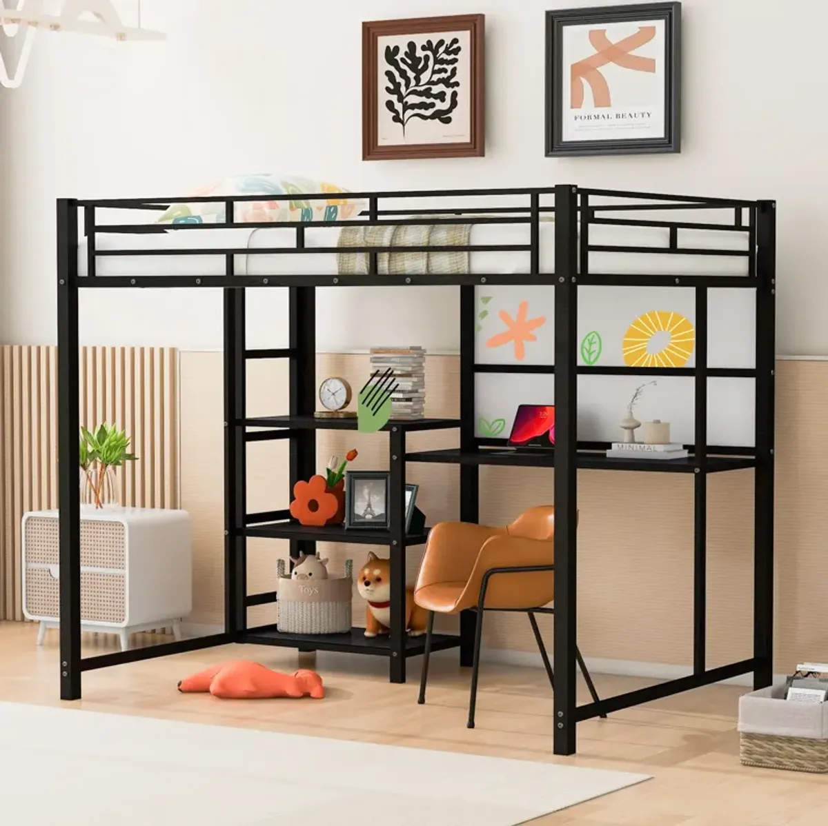 Loft Bed With Desk And Whiteboard, Metal Loft Bed With 3 Shelves And Ladder