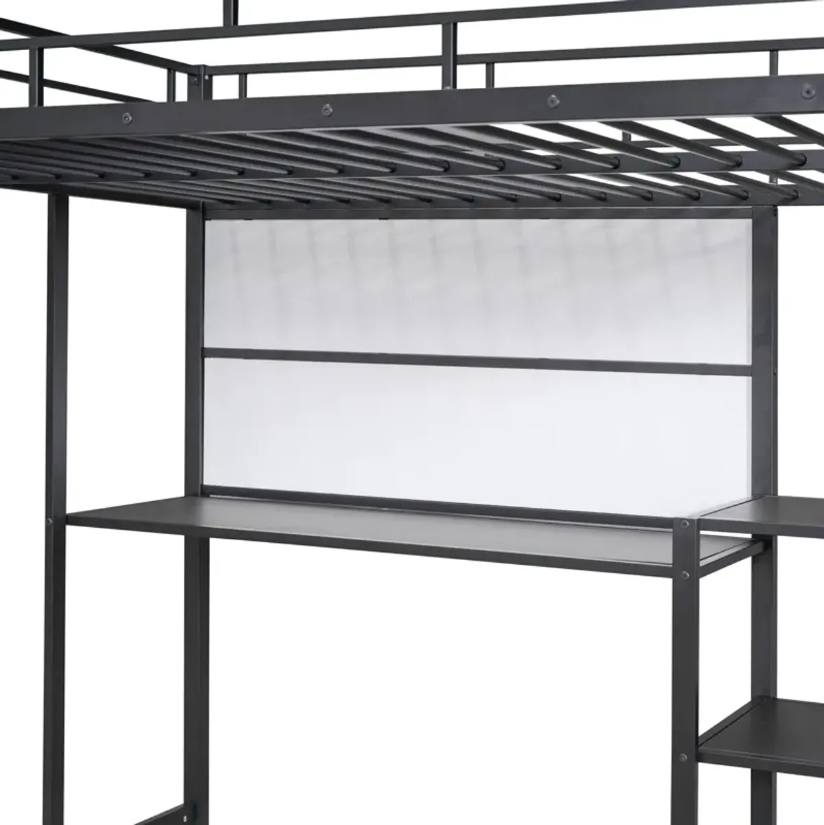 Loft Bed With Desk And Whiteboard, Metal Loft Bed With 3 Shelves And Ladder