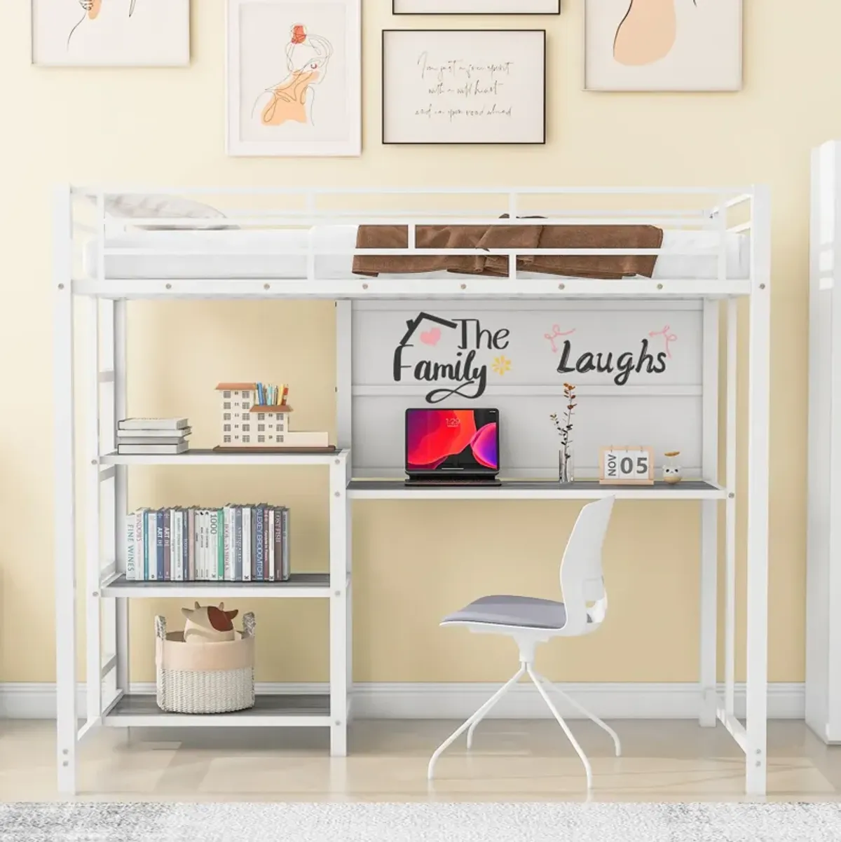 Loft Bed With Desk And Whiteboard, Metal Loft Bed With 3 Shelves And Ladder