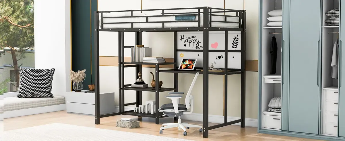 Loft Bed With Desk And Whiteboard, Metal Loft Bed With 3 Shelves And Ladder