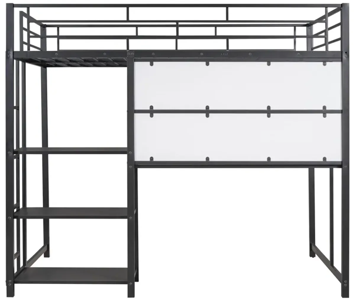 Loft Bed With Desk And Whiteboard, Metal Loft Bed With 3 Shelves And Ladder