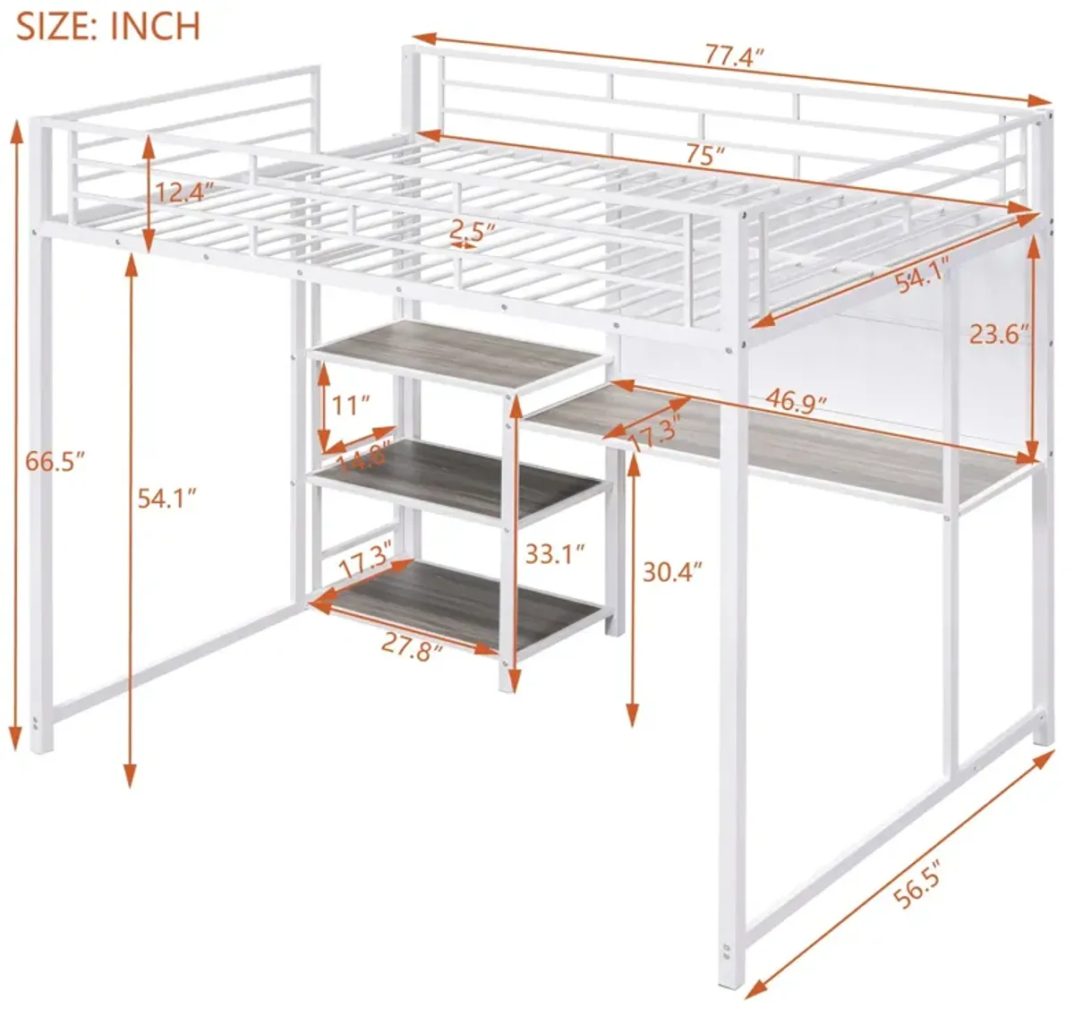 Loft Bed With Desk And Whiteboard, Metal Loft Bed With 3 Shelves And Ladder