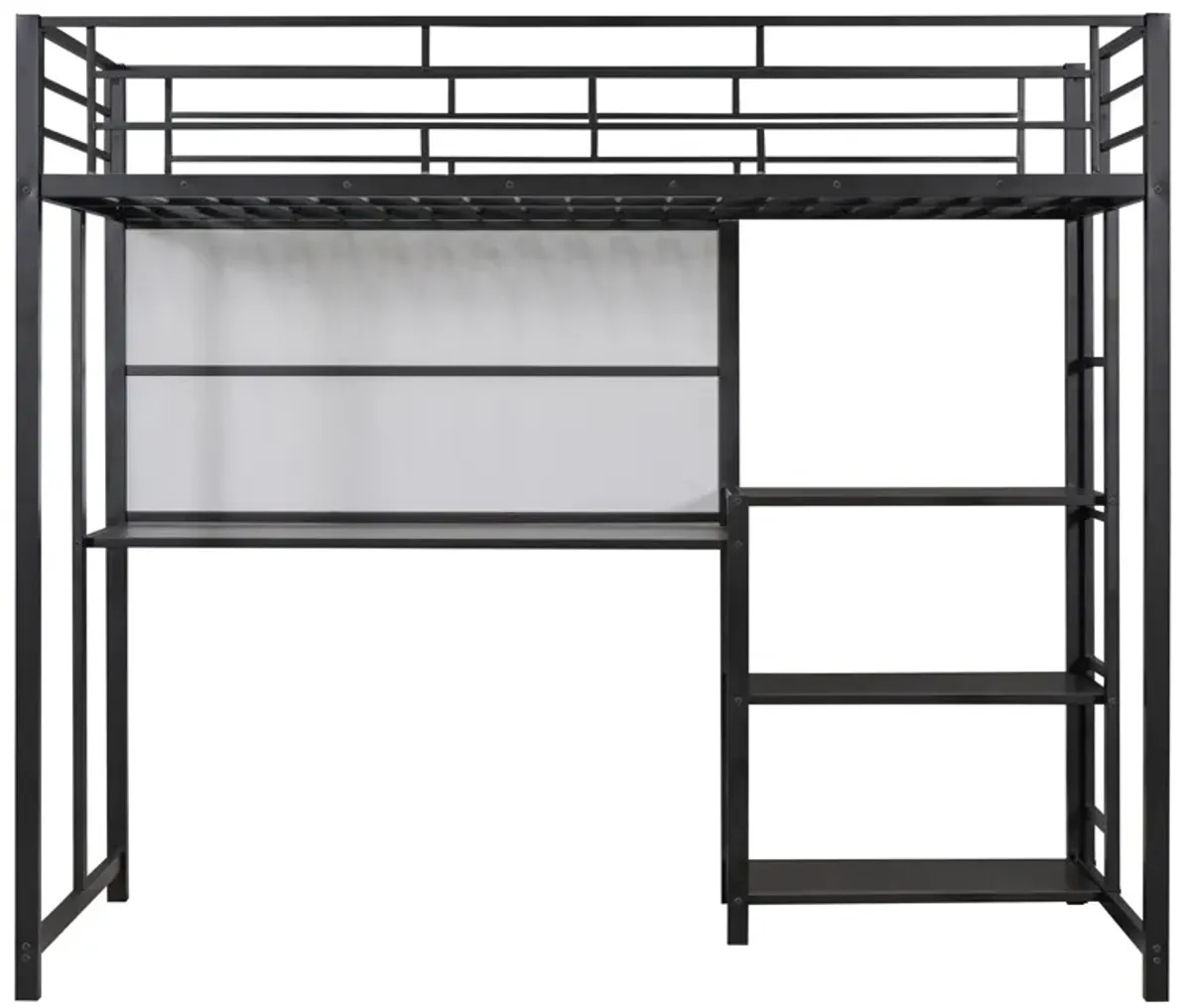 Loft Bed With Desk And Whiteboard, Metal Loft Bed With 3 Shelves And Ladder