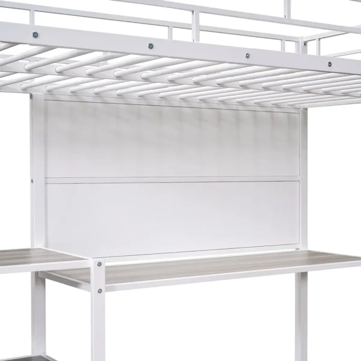 Loft Bed With Desk And Whiteboard, Metal Loft Bed With 3 Shelves And Ladder