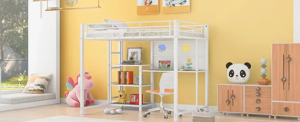 Loft Bed With Desk And Whiteboard, Metal Loft Bed With 3 Shelves And Ladder