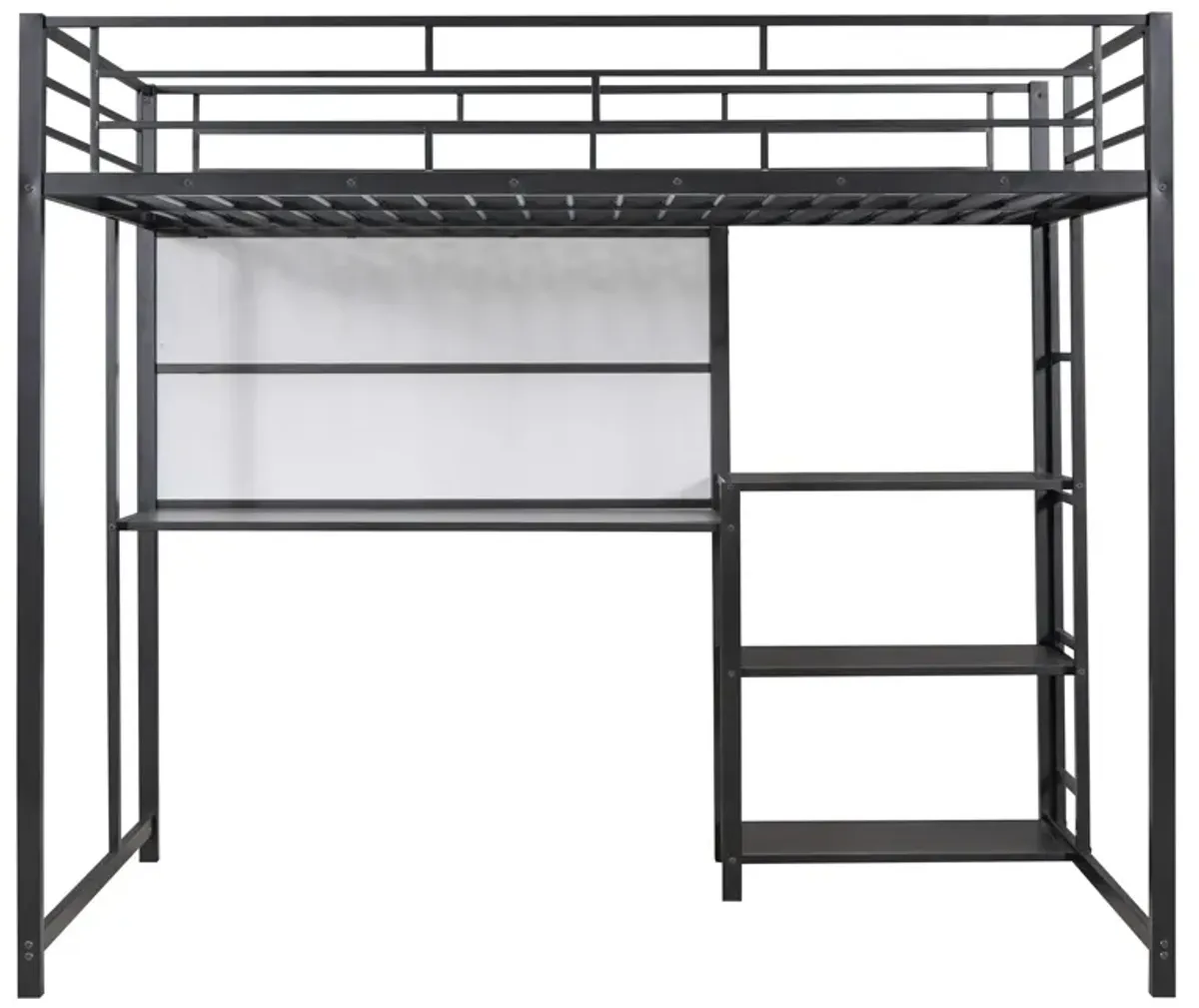 Loft Bed With Desk And Whiteboard, Metal Loft Bed With 3 Shelves And Ladder