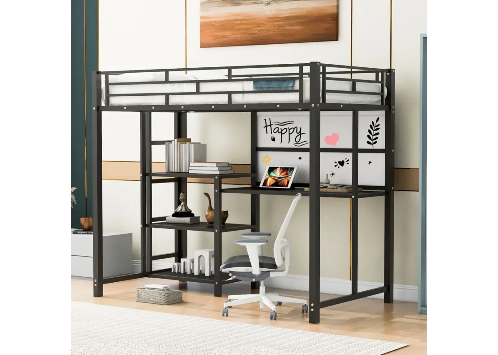 Loft Bed With Desk And Whiteboard, Metal Loft Bed With 3 Shelves And Ladder