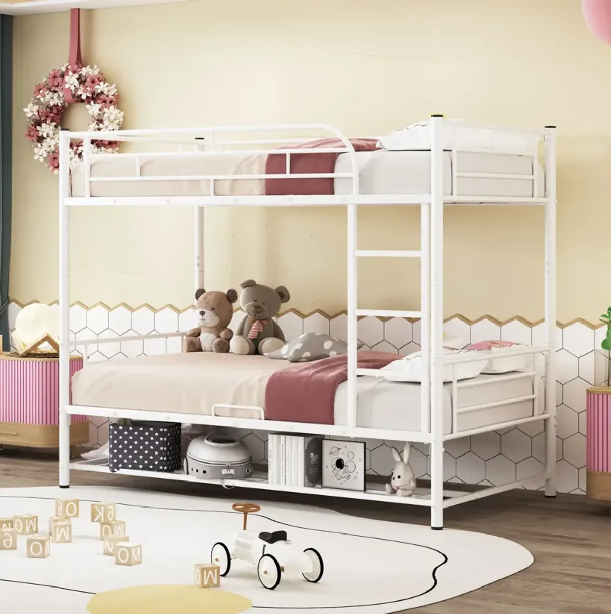 Twin Over Twin Metal Bunk Bed With Shelf And Guardrails