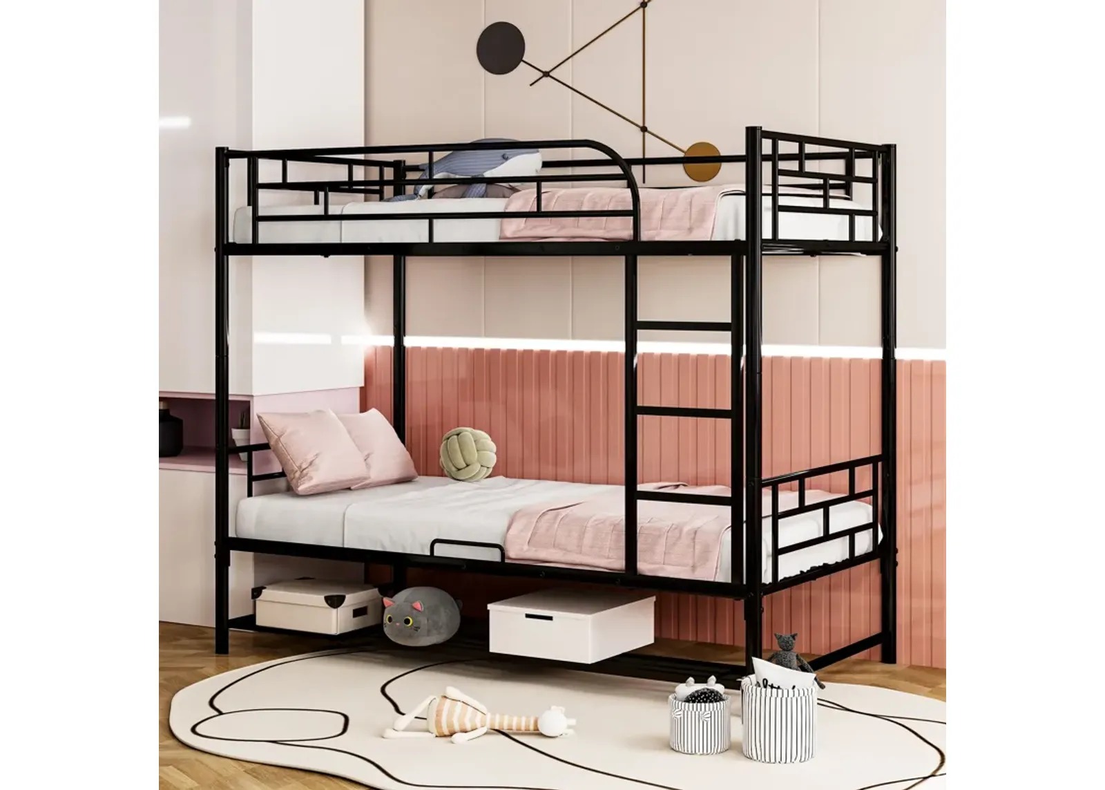 Twin Over Twin Metal Bunk Bed With Shelf And Guardrails