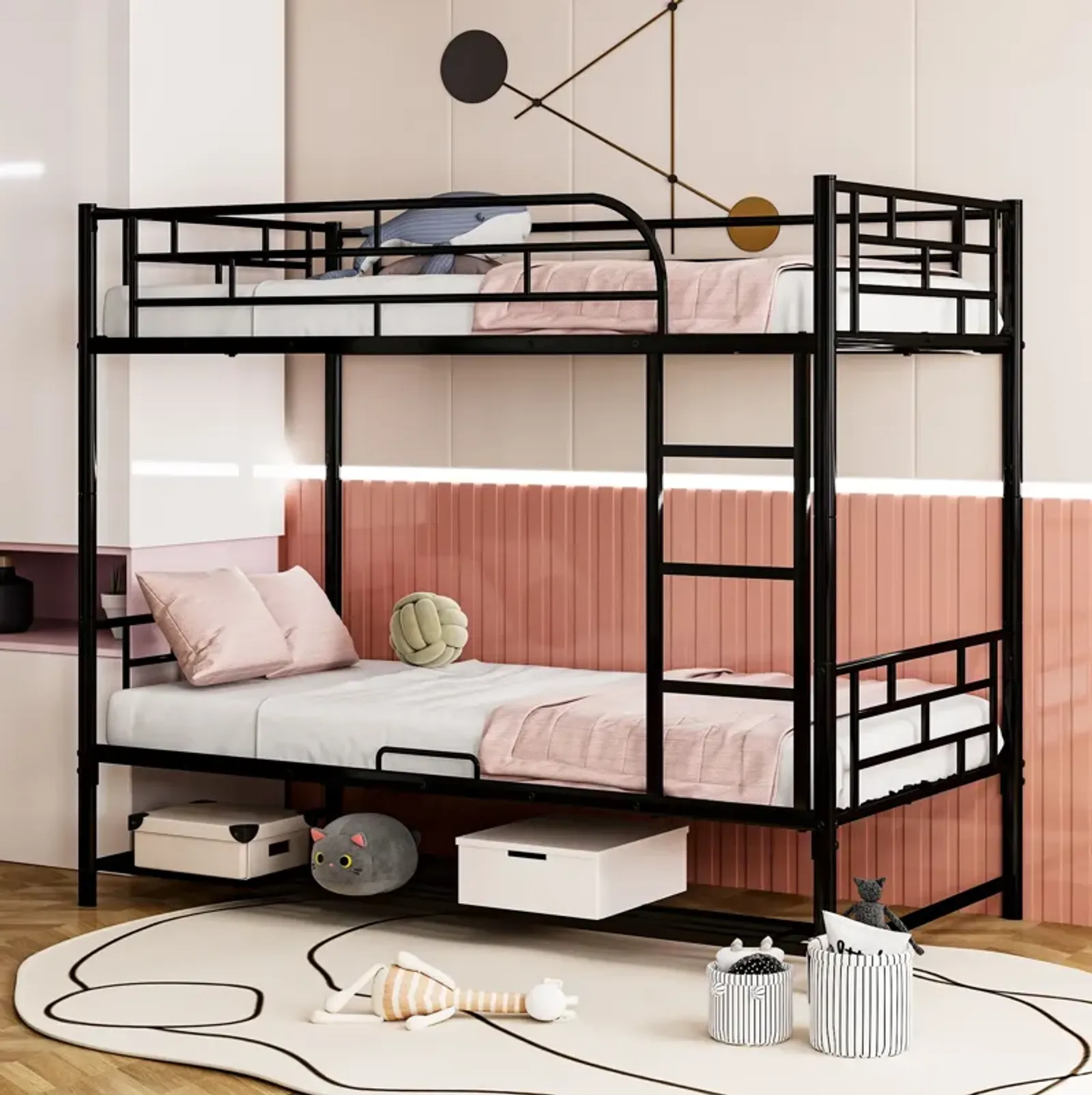 Twin Over Twin Metal Bunk Bed With Shelf And Guardrails