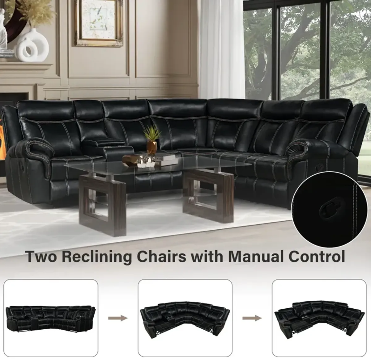 Home Theater Seating Manual Recliner With Cup Holder, Hide - Away Storage, 2 USB Ports And 2 Power Sockets For Living Room, Home Theater