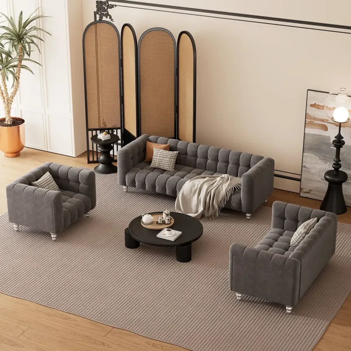 Modern 3 Piece Sofa Set With Solid Wood Legs, Buttoned Tufted Backrest, Dutch Fleece Upholstered Sofa Set Including Three Seater Sofa, Double Seat And Living Room Furniture Set Single Chair