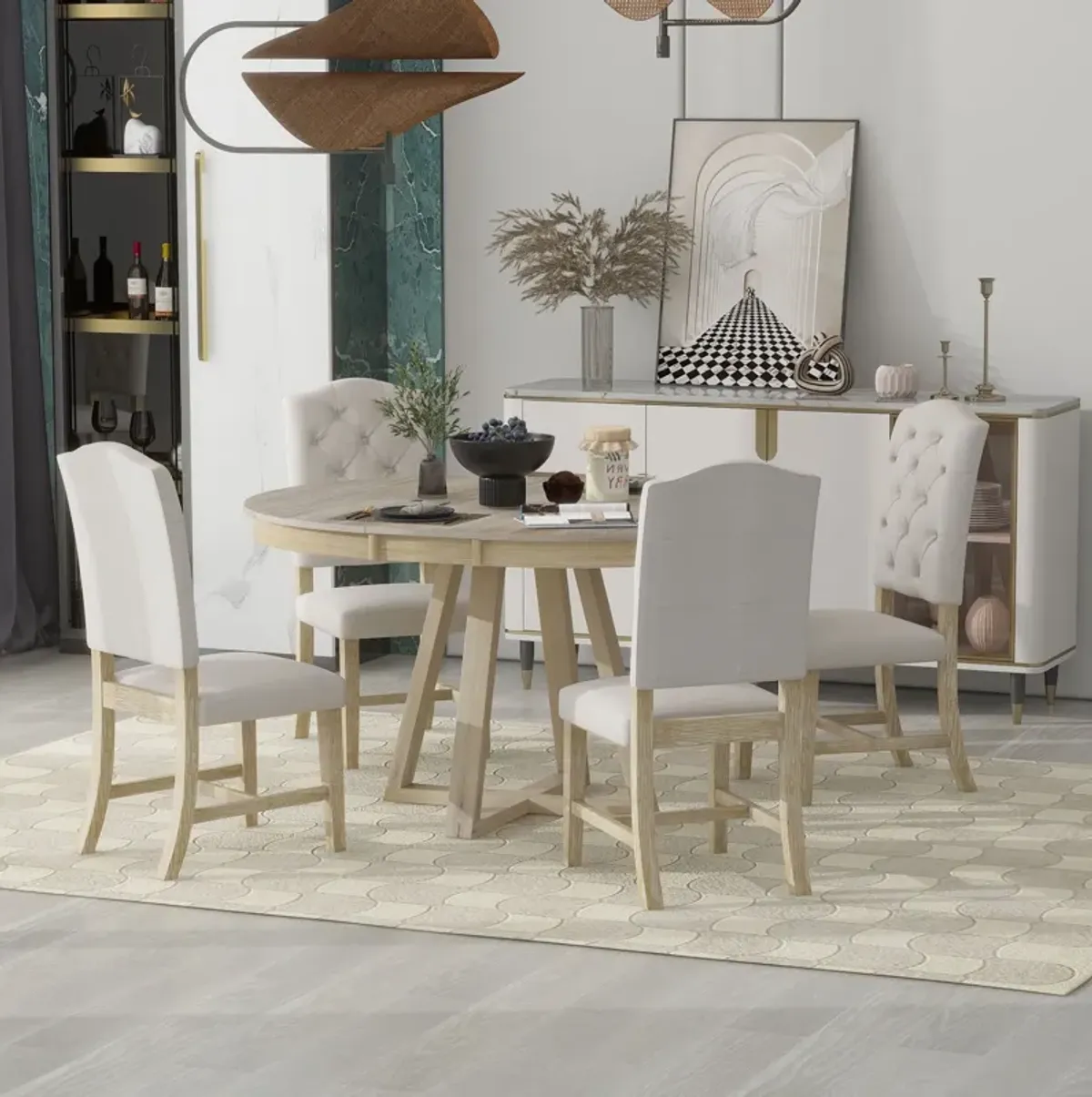 Retro Functional Dining Set, Round Table With Leaf And Upholstered Chairs For Dining Room And Living Room