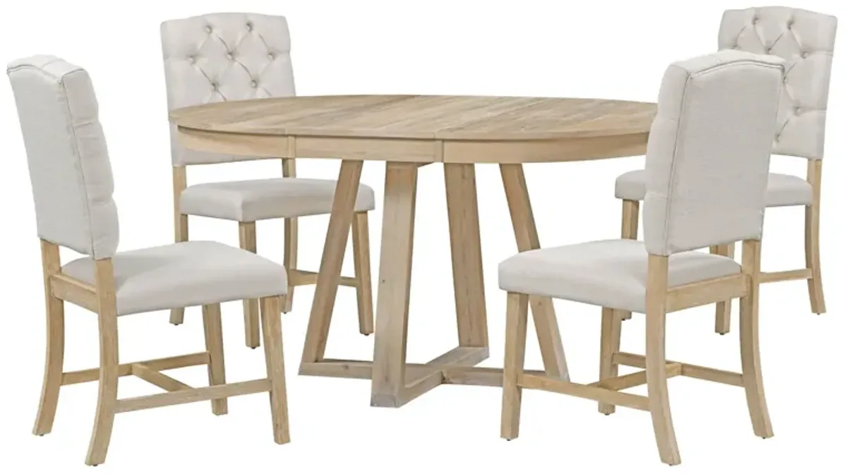 Retro Functional Dining Set, Round Table With Leaf And Upholstered Chairs For Dining Room And Living Room