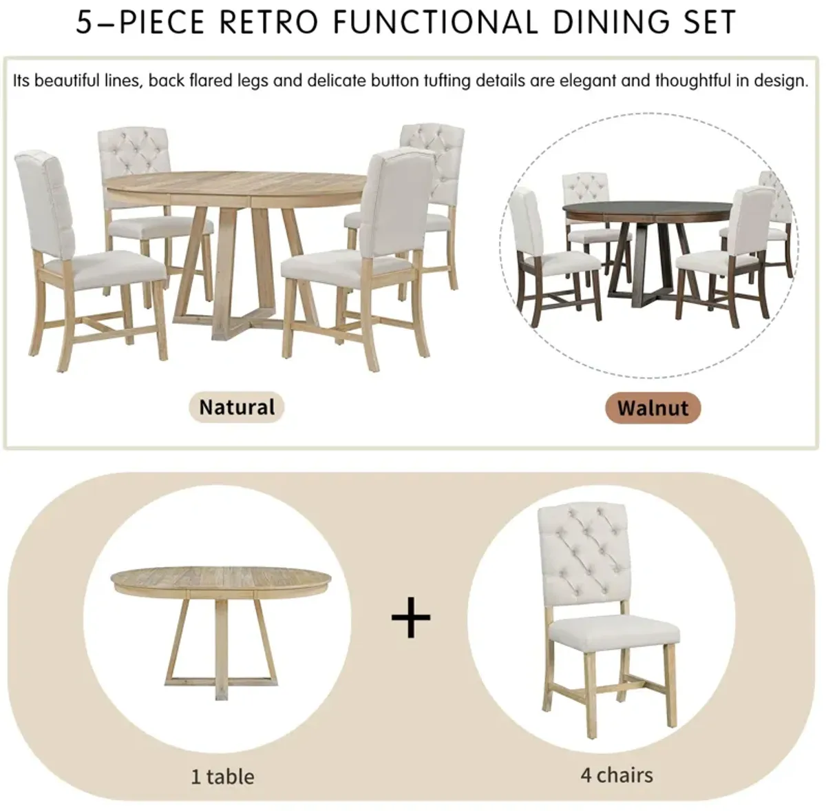 Retro Functional Dining Set, Round Table With Leaf And Upholstered Chairs For Dining Room And Living Room