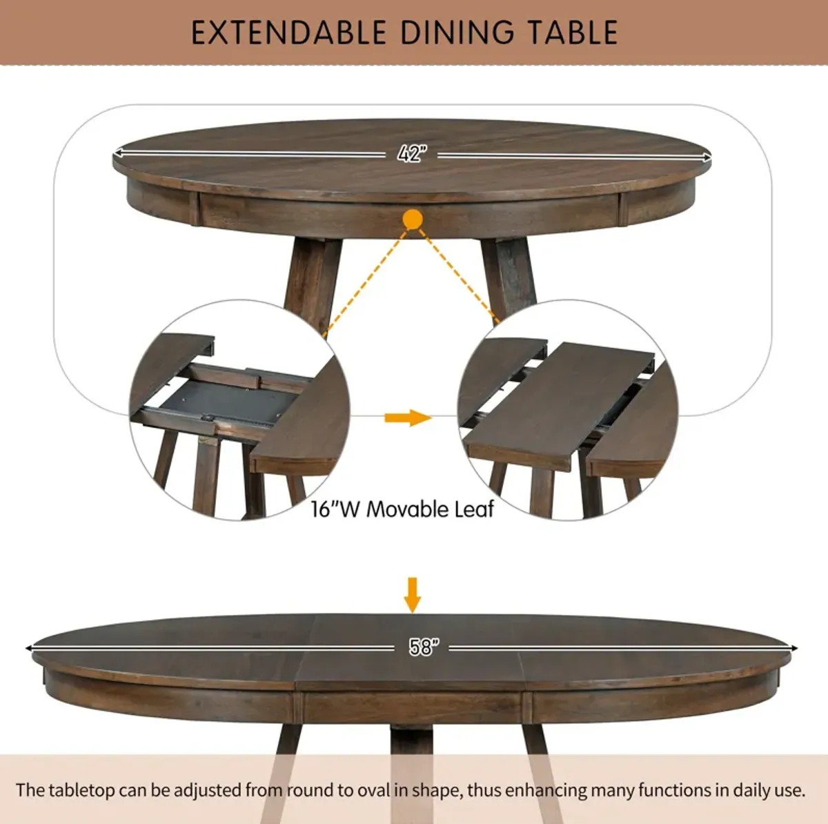 Retro Functional Dining Set, Round Table With Leaf And Upholstered Chairs For Dining Room And Living Room