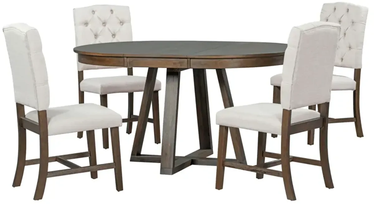 Retro Functional Dining Set, Round Table With Leaf And Upholstered Chairs For Dining Room And Living Room