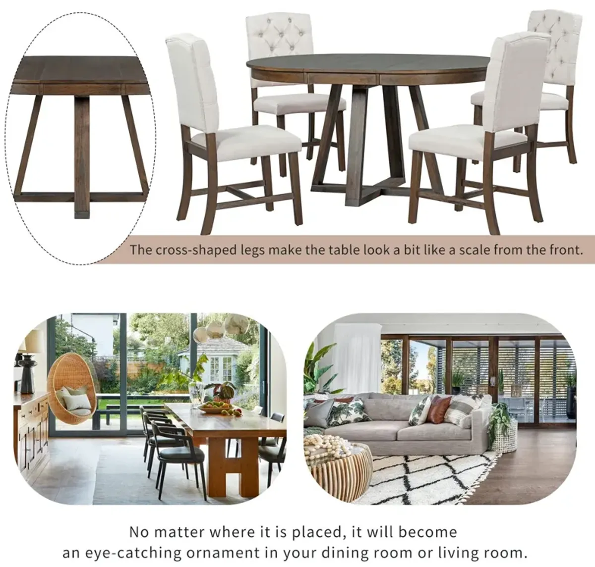 Retro Functional Dining Set, Round Table With Leaf And Upholstered Chairs For Dining Room And Living Room