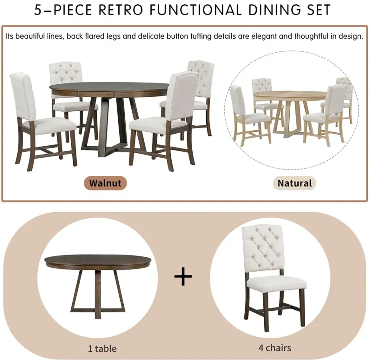 Retro Functional Dining Set, Round Table With Leaf And Upholstered Chairs For Dining Room And Living Room