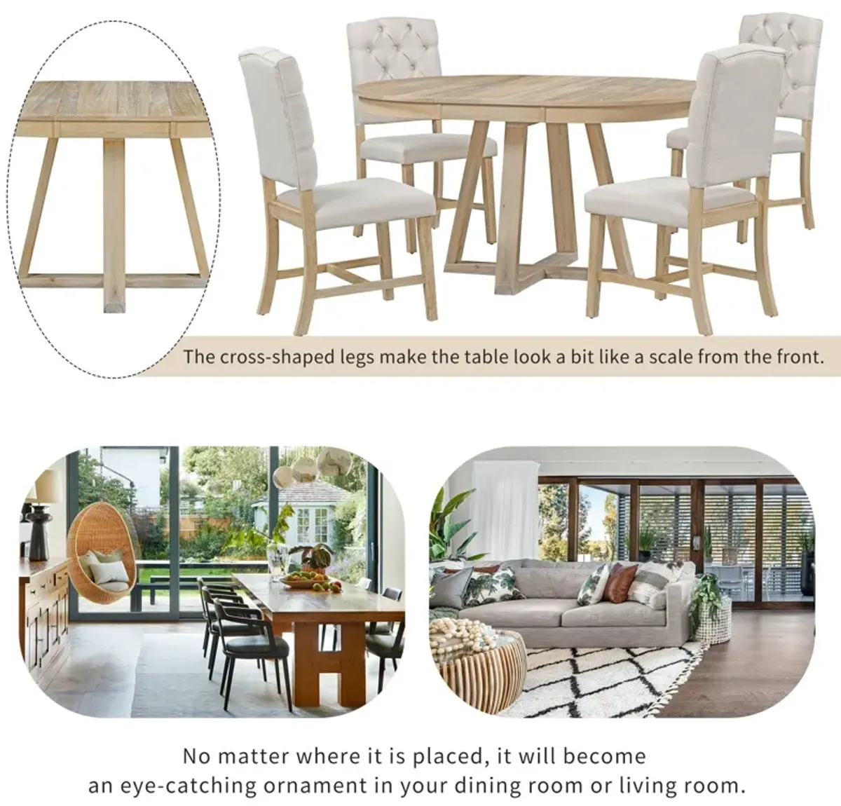 Retro Functional Dining Set, Round Table With Leaf And Upholstered Chairs For Dining Room And Living Room