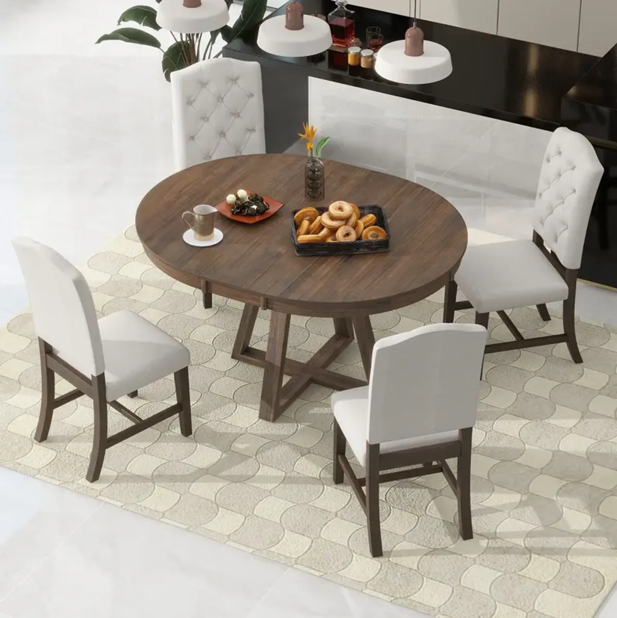 Retro Functional Dining Set, Round Table With Leaf And Upholstered Chairs For Dining Room And Living Room