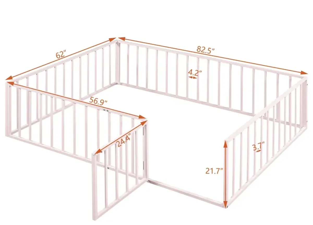 Metal Floor Bed Frame With Fence And Door - Black