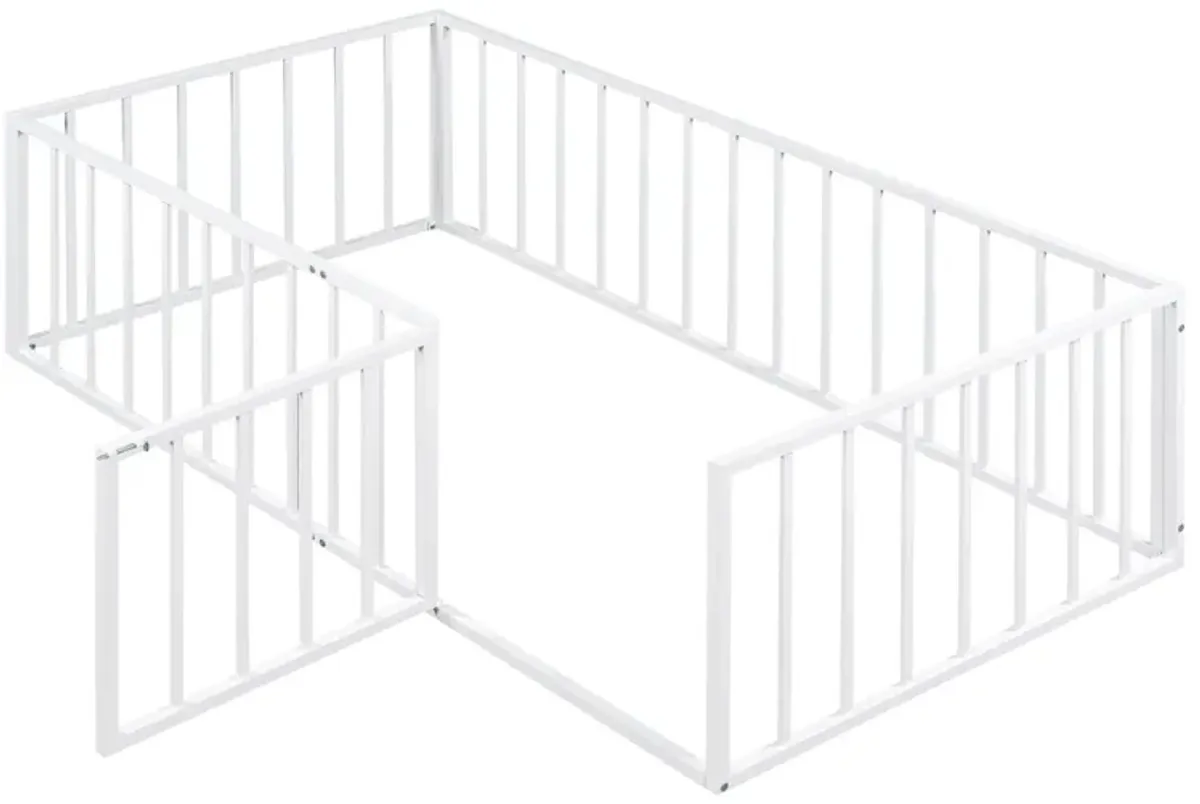 Metal Floor Bed Frame With Fence And Door - Black