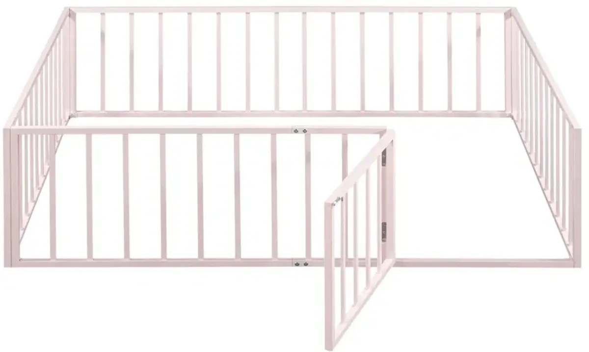 Metal Floor Bed Frame With Fence And Door - Black