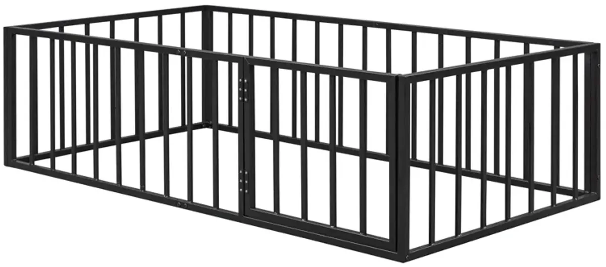 Metal Floor Bed Frame With Fence And Door - Black