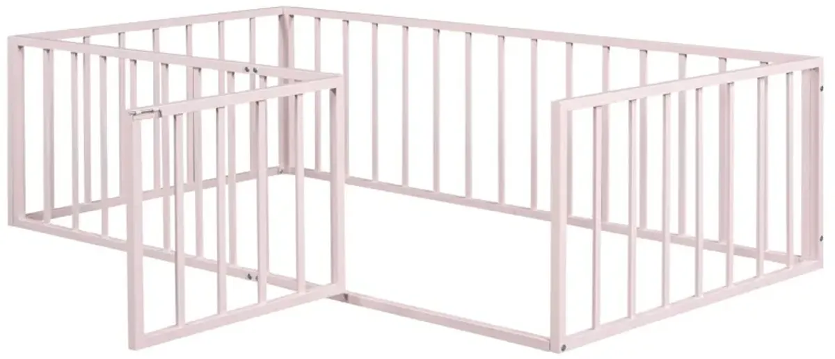 Metal Floor Bed Frame With Fence And Door - Black