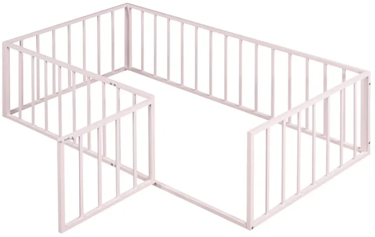 Metal Floor Bed Frame With Fence And Door - Black