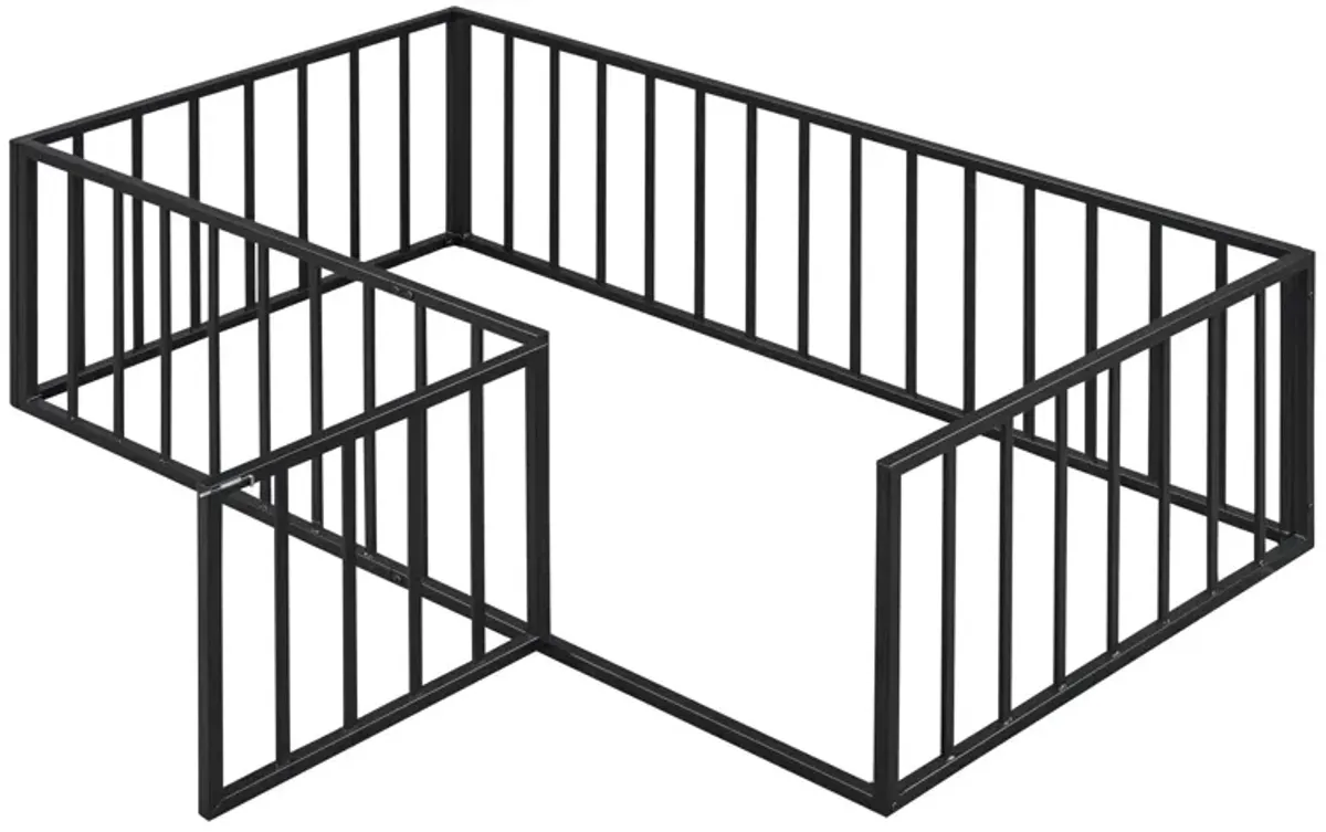 Metal Floor Bed Frame With Fence And Door - Black