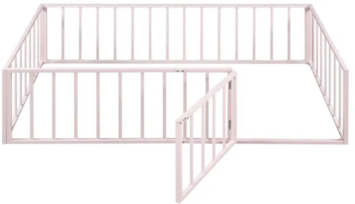 Metal Floor Bed Frame With Fence And Door - Black