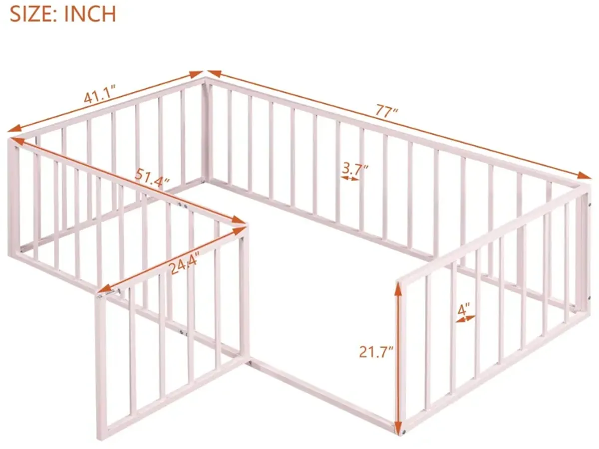 Metal Floor Bed Frame With Fence And Door - Black