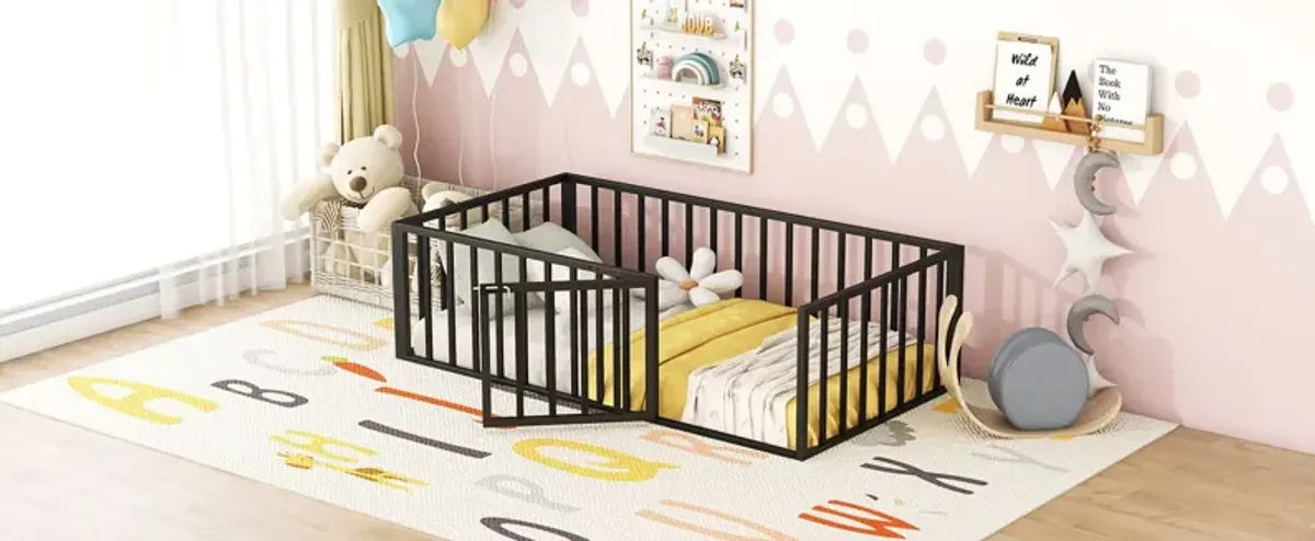 Metal Floor Bed Frame With Fence And Door - Black