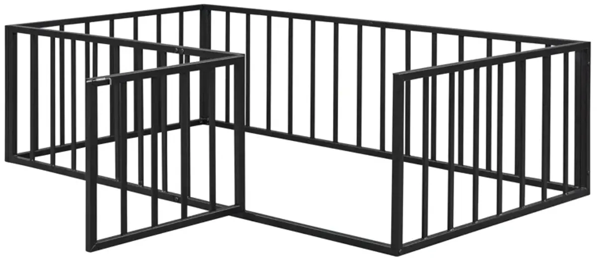 Metal Floor Bed Frame With Fence And Door - Black