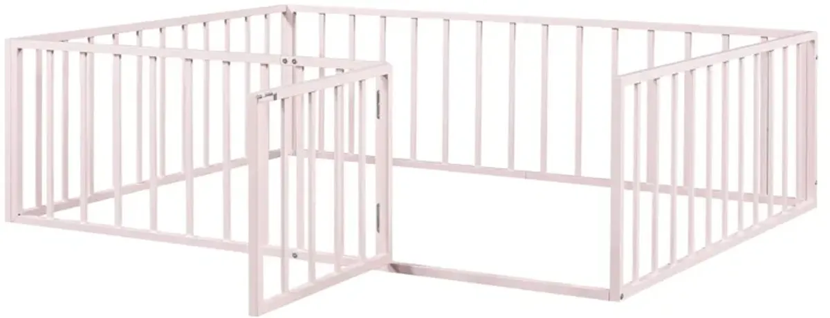 Metal Floor Bed Frame With Fence And Door - Black