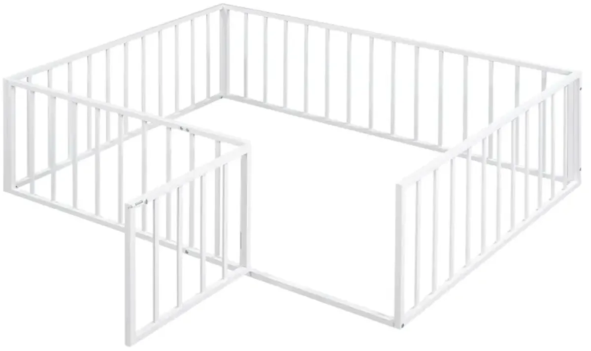 Metal Floor Bed Frame With Fence And Door - Black