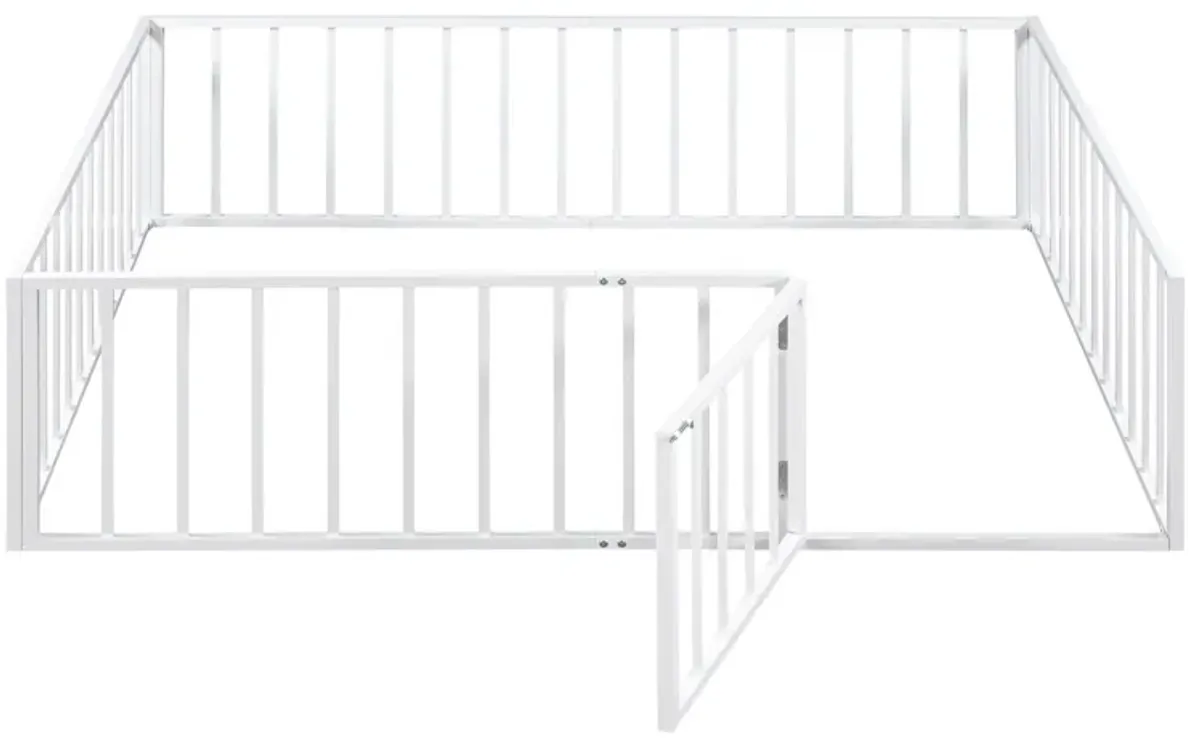 Metal Floor Bed Frame With Fence And Door - Black