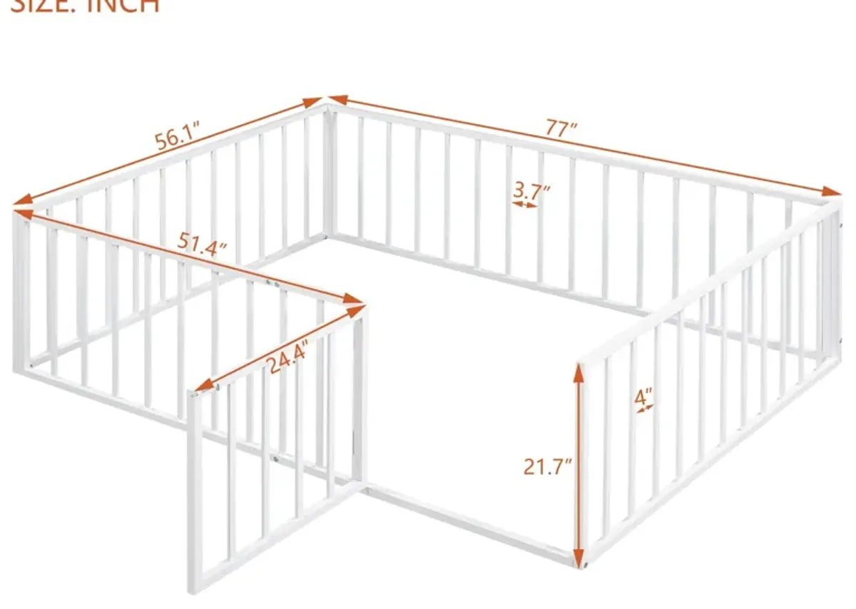 Metal Floor Bed Frame With Fence And Door - Black