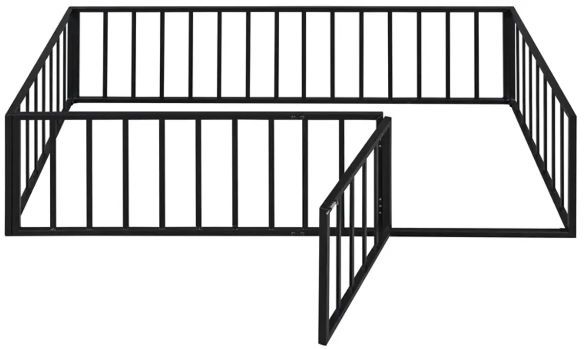 Metal Floor Bed Frame With Fence And Door - Black