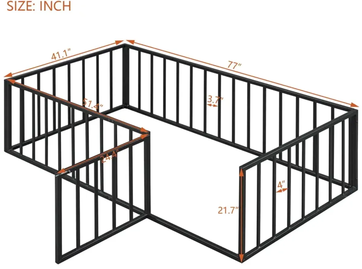 Metal Floor Bed Frame With Fence And Door - Black