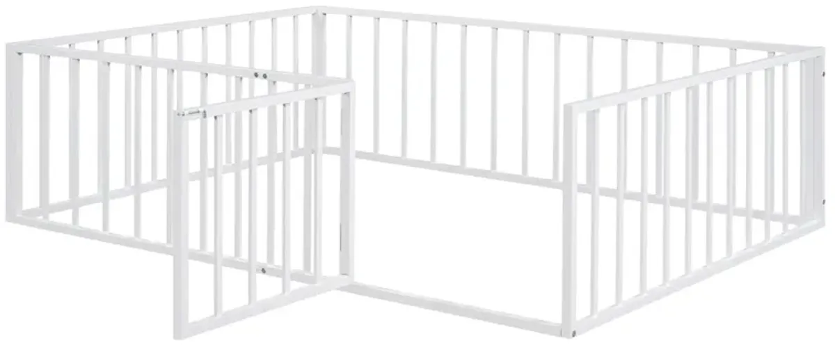 Metal Floor Bed Frame With Fence And Door - Black