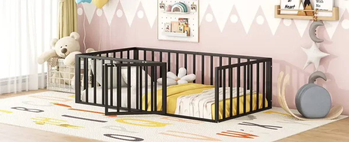 Metal Floor Bed Frame With Fence And Door - Black