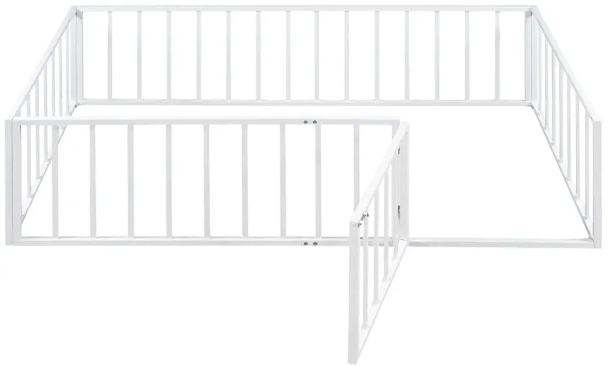 Metal Floor Bed Frame With Fence And Door - Black