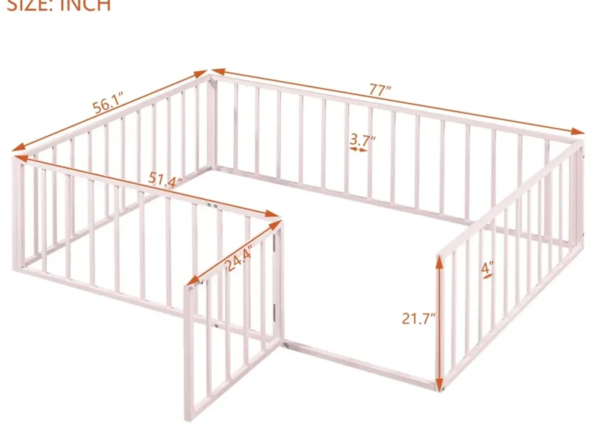 Metal Floor Bed Frame With Fence And Door - Black