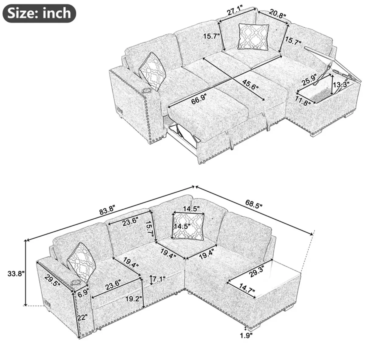 Sectional Pull-Out Sofa Bed L-Shaped Corner Sofa Couch With Storage Chaise, USB Ports, Power Sockets, Cup Holder For Living Room, Bedroom, Study